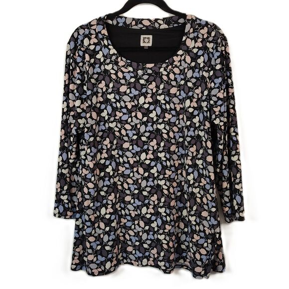 ANNE KLEIN Tunic Large Women's Black Leaf Print 3/4 Sleeve Stretch Blouse Shirt - Picture 1 of 6